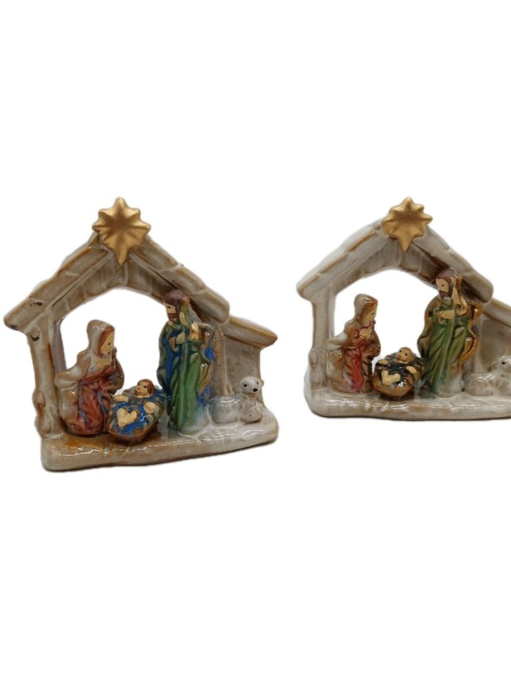 Mini Ceramic Manger Nativity Scene Mary Joseph Baby Jesus Set Of 2